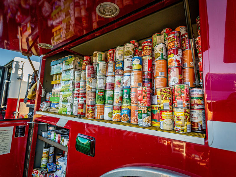 Kannapolis Fire Department fire truck full of canned goods