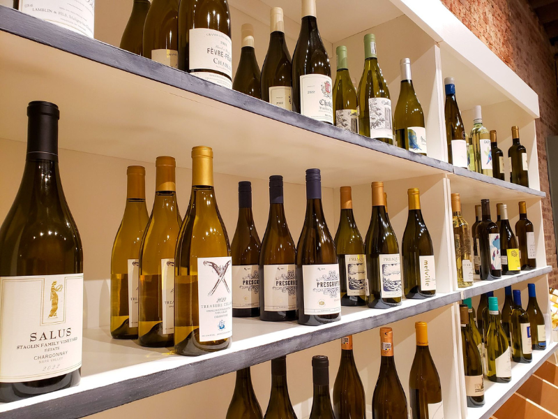 Wine bottles on shelving display