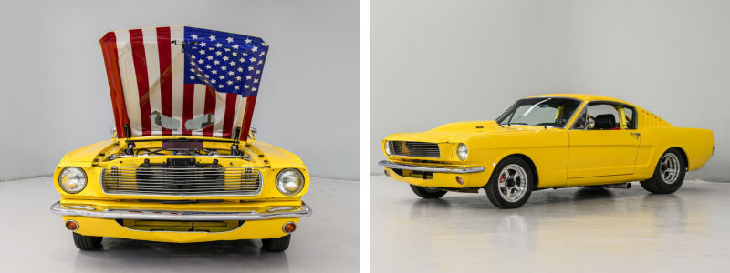 Autobarn Classic Cars yellow car with American flag painted under hood