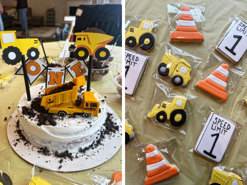 Construction themed birthday cake and frosted sugar cookies from Eat Cakes Bakery